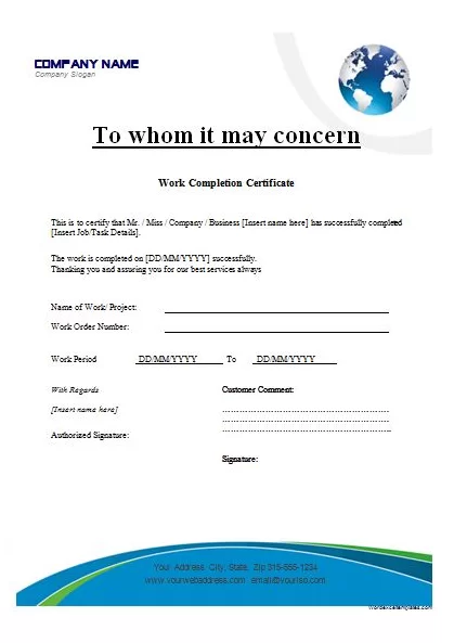 Work Completion Certificate Template for MS Word