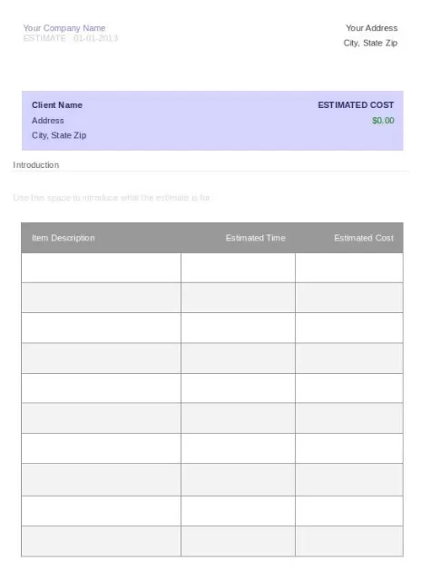 Blank Cost Estimate Template