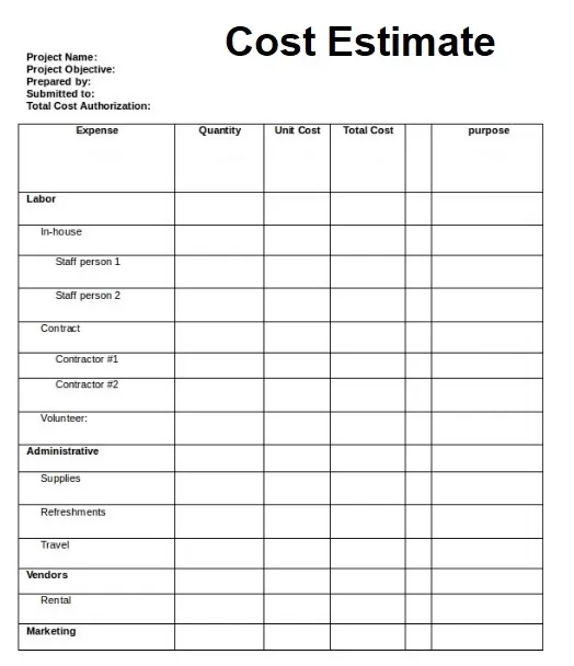 Cost Estimate Template Word