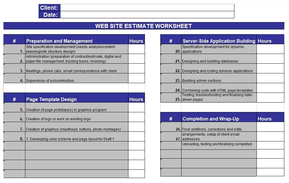 Website Cost Estimate Template