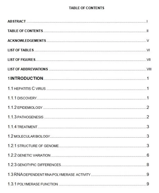 Table of Contents Template Word