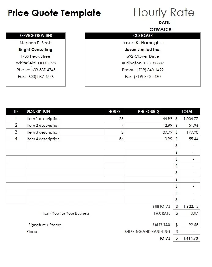 Hourly Price Quote Format