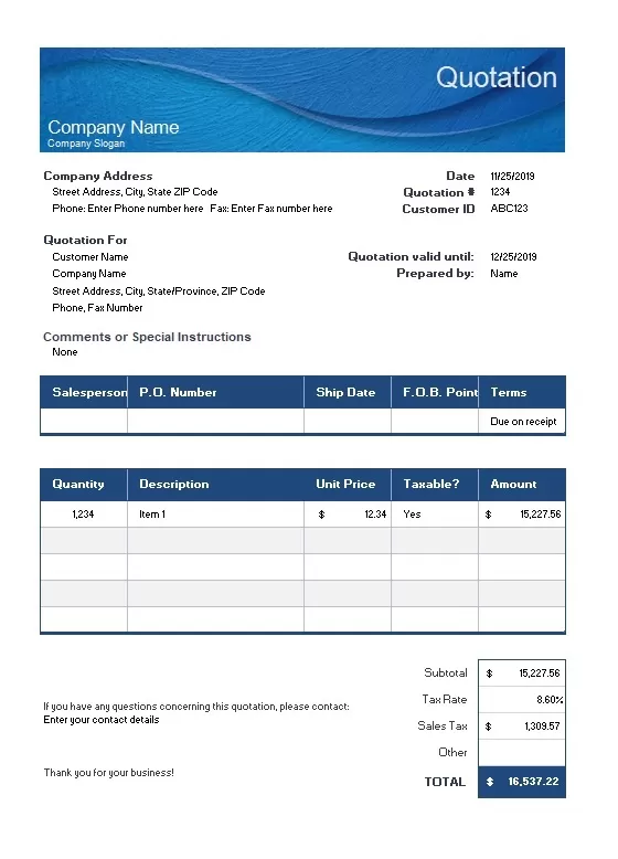 Price Quote Template Excel