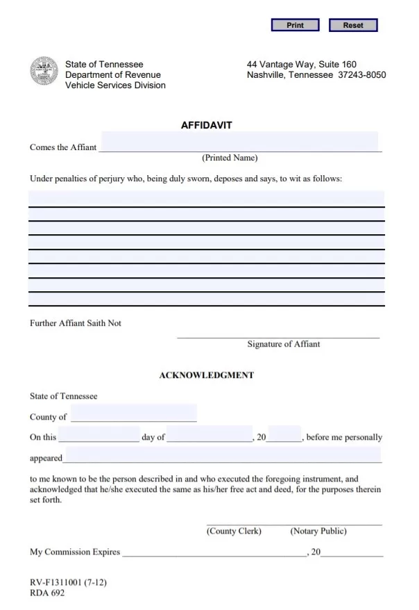 Affidavit Acknowledgment Form