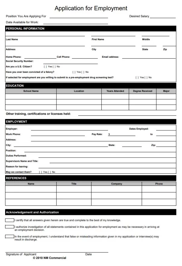 Application for Employment Template