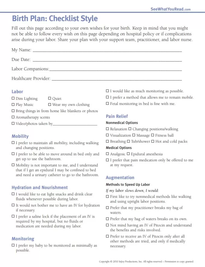 Birth Plan Checklist Template