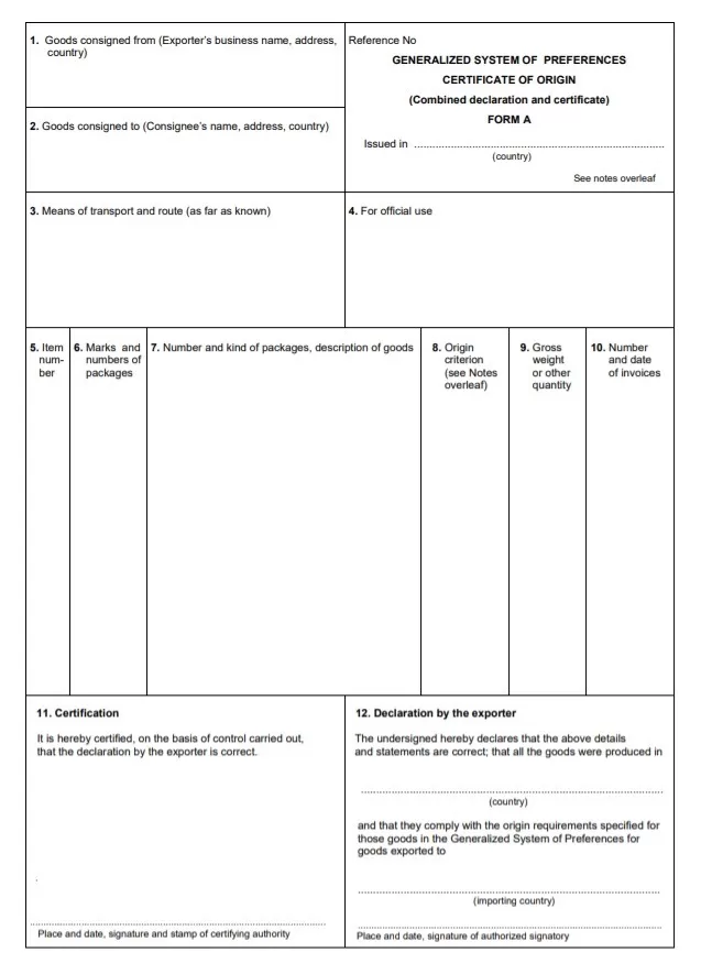 Blank Certificate of Origin Template