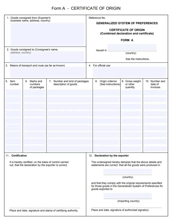 Certificate of Origin Template Form A