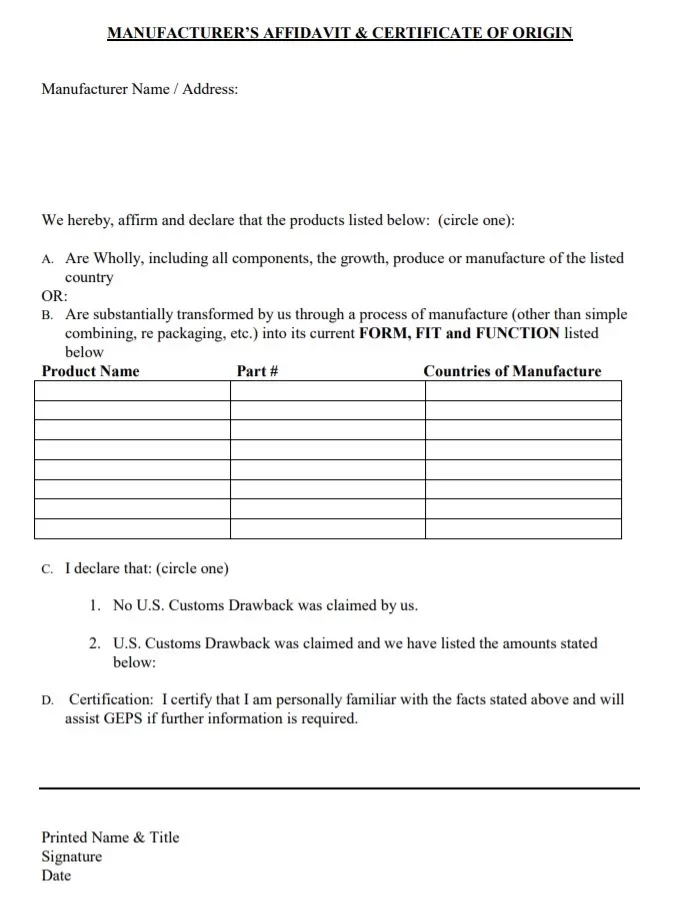 Certificate of Origin and Affidavit