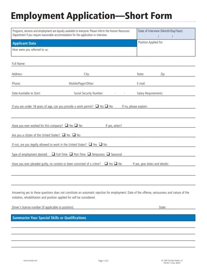 Employment Application Sample