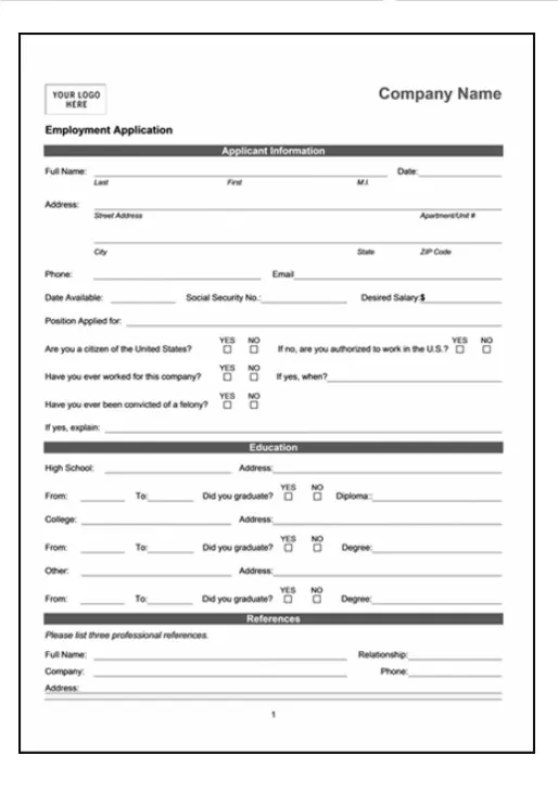 Free Employment Application Template