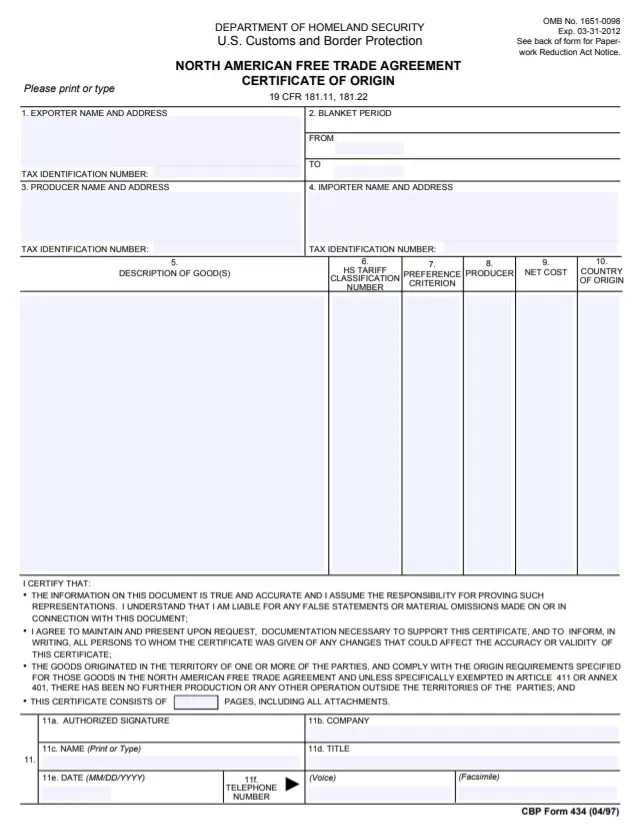 Free Trade Certificate of Origin Template