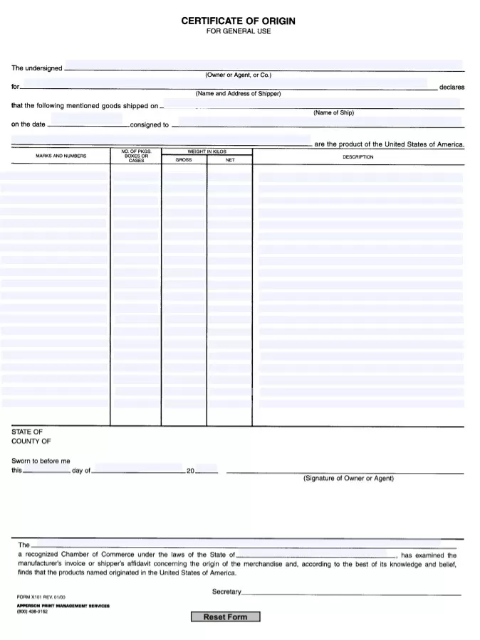 General Certificate of Origin Template