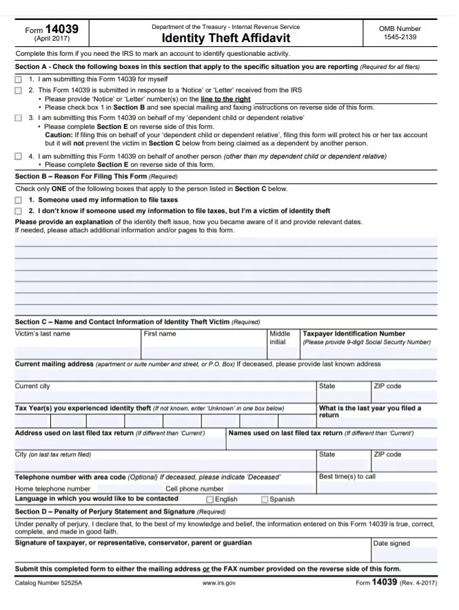 Identify Theft Affidavit Form