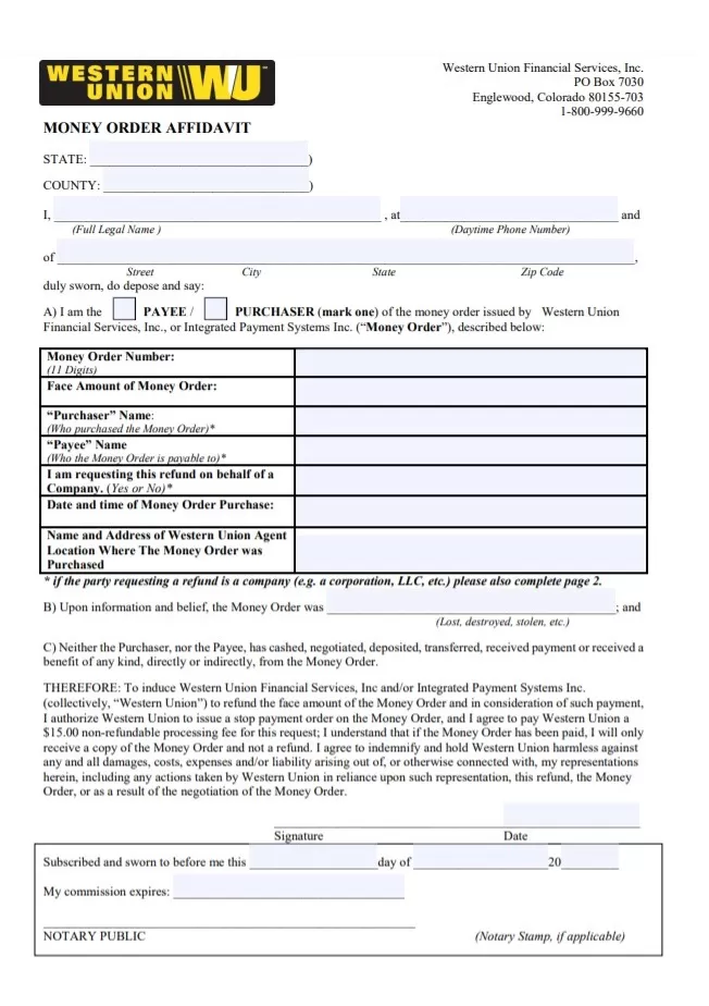 Money Order Affidavit Form