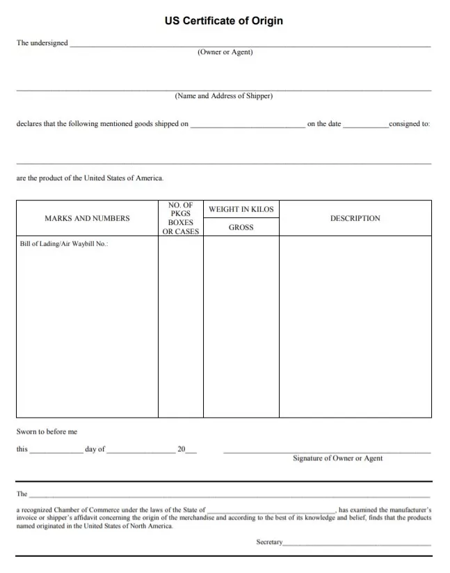 US Certificate of Origin Template PDF