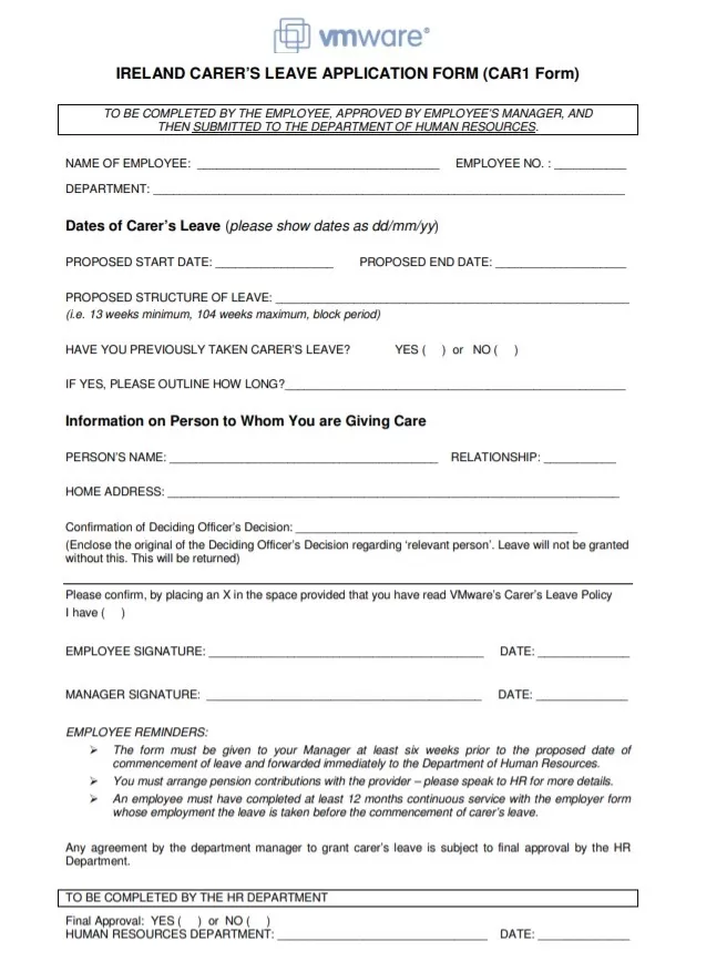 Ireland Leave Application Form