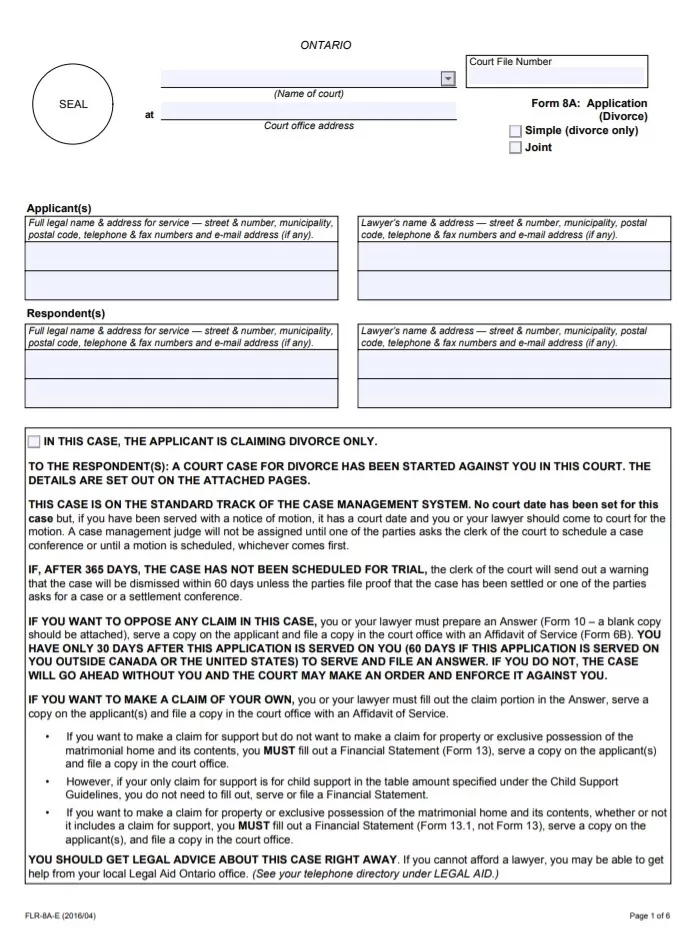 Ontario Court Divorce Form