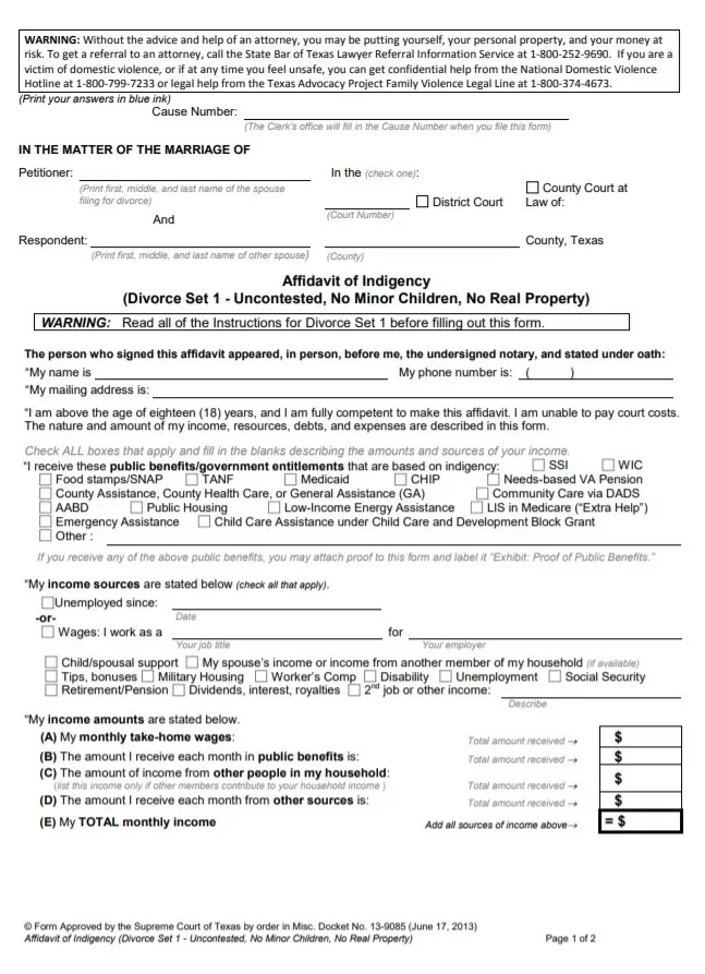 Texas Divorce Form