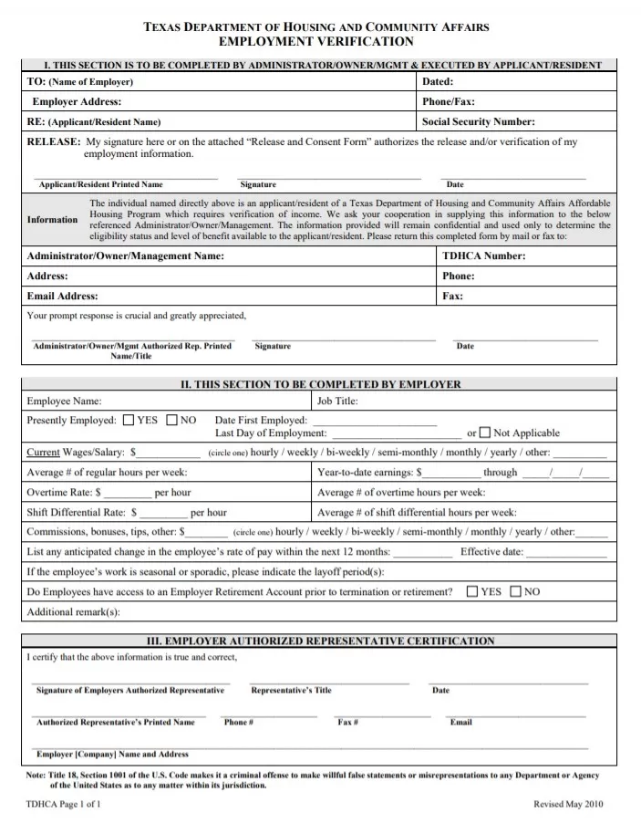 Texas Employment Verification Form