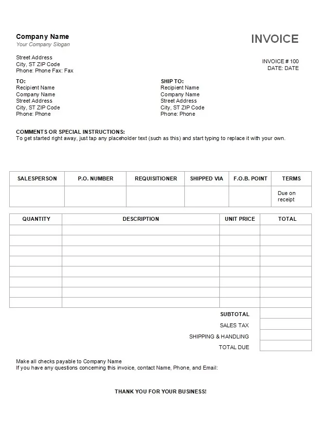 Blank Shipping Invoice Template