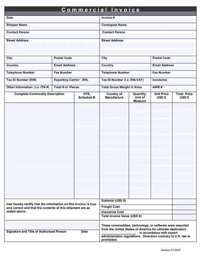 DHL Shipping Invoice Template