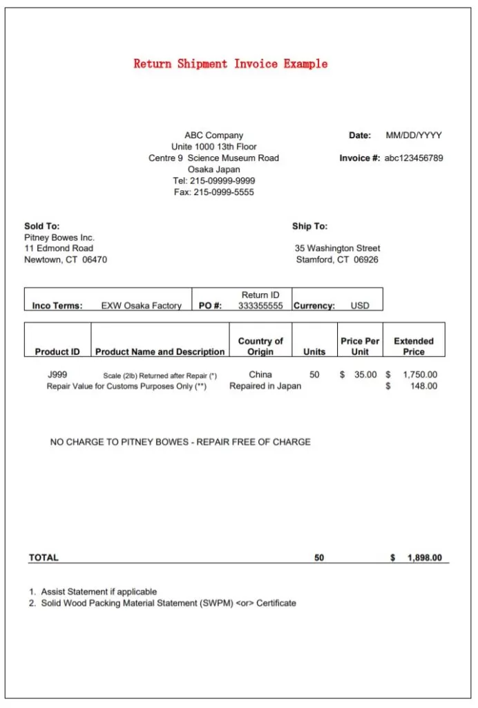 Return Shipment Invoice Example