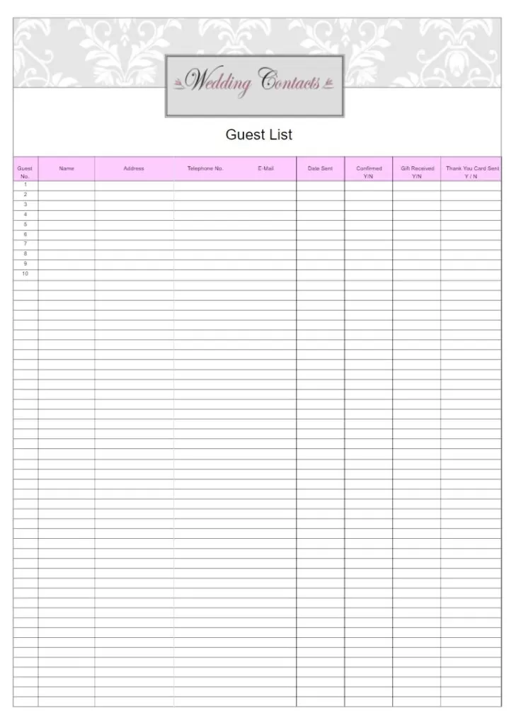 Wedding Guest List Template