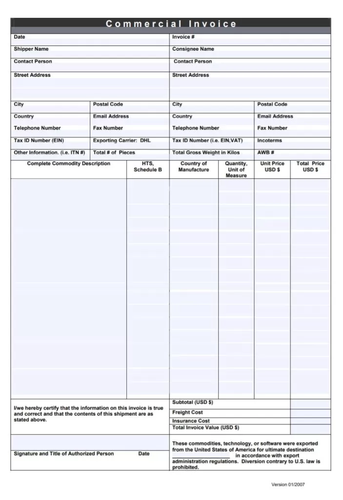 DHL Commercial Invoice Template