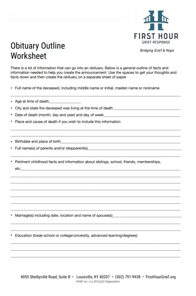 Obituary Outline Worksheet Template