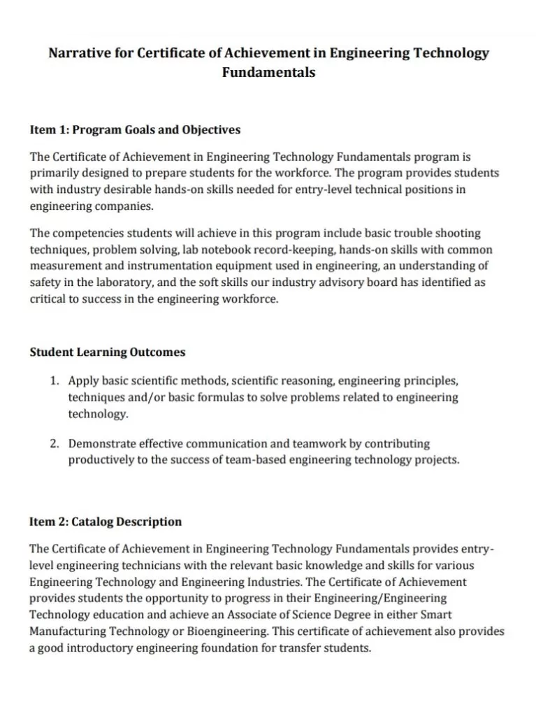 Certificate of Achievement in Engineering Technology