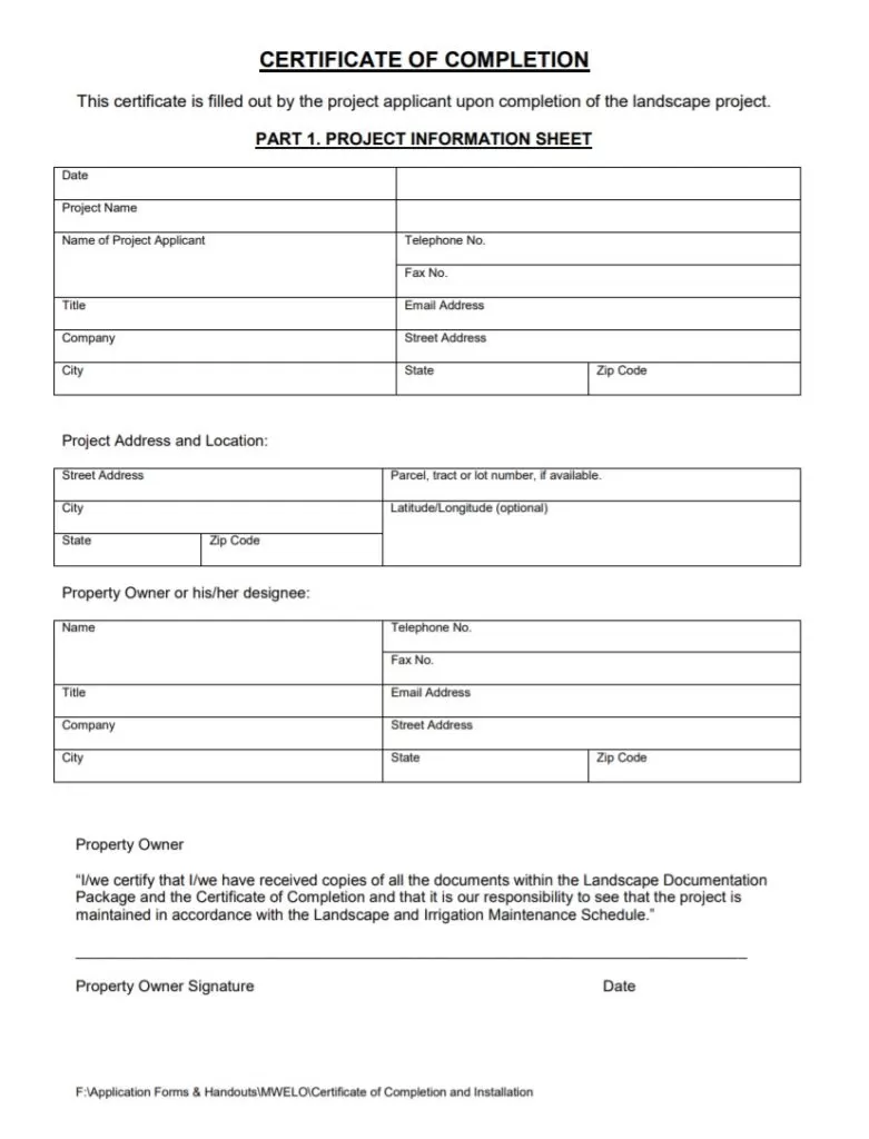 Certificate of Completion Form