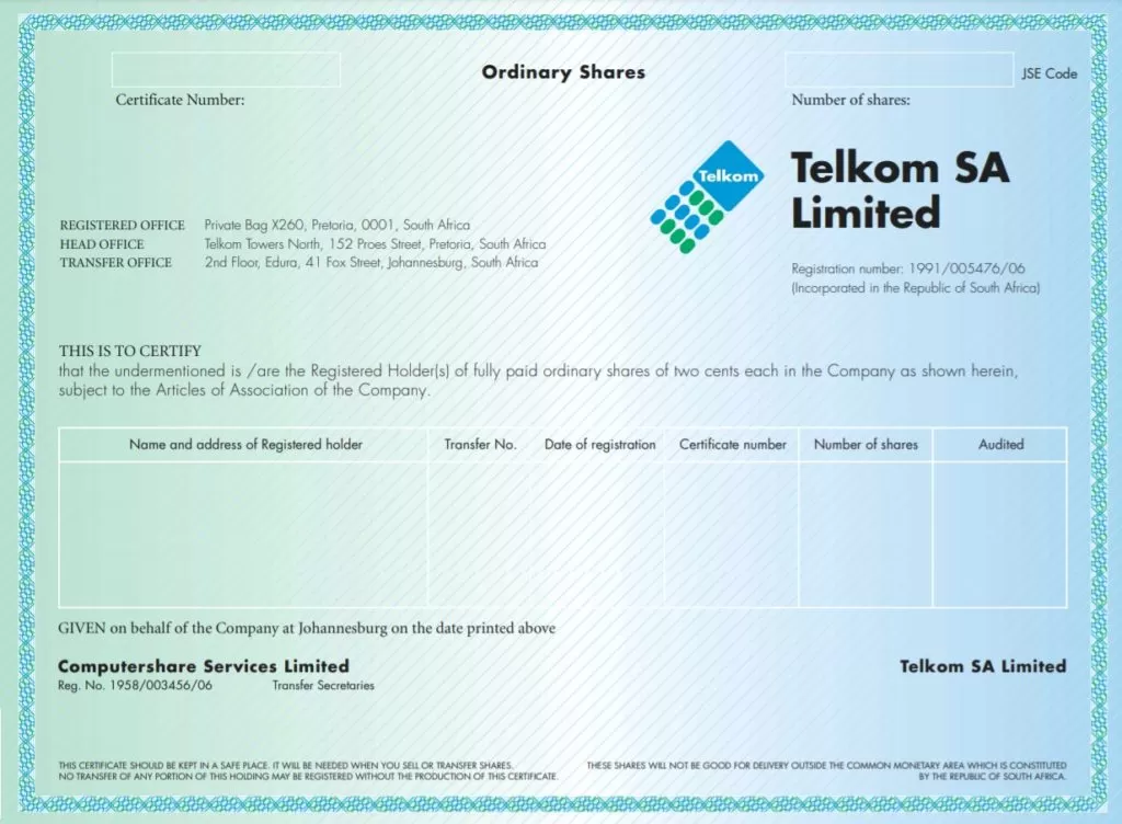 Ordinary Share Certificate Template