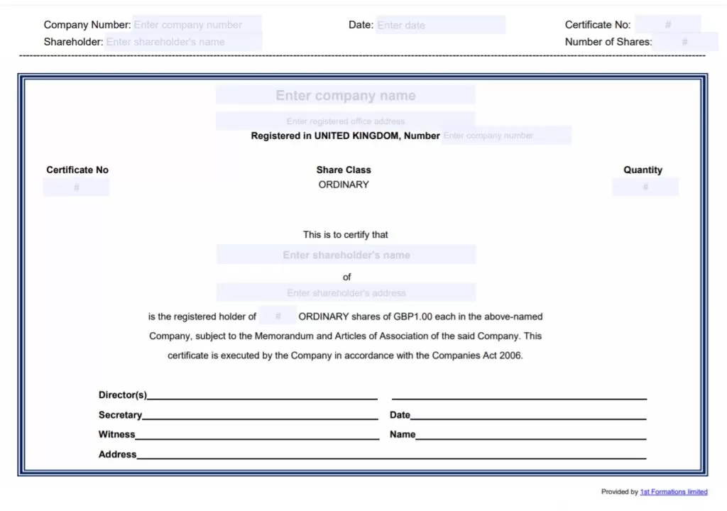 UK Share Certificate Template