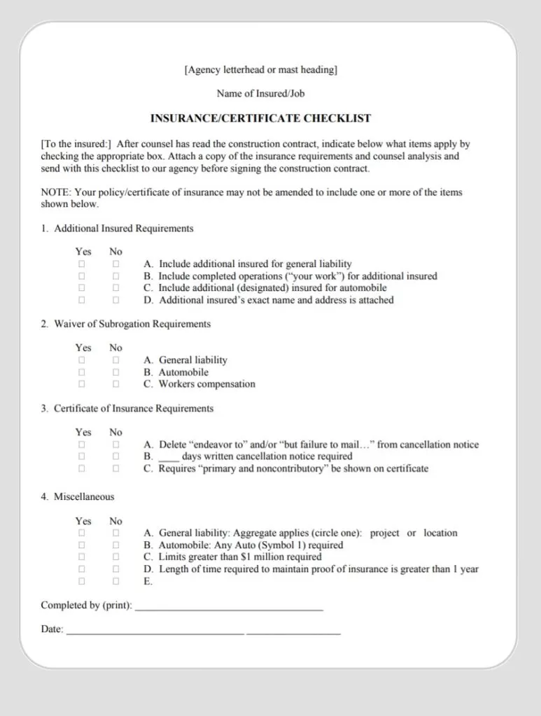 Certificate of Liability Insurance Checklist Template