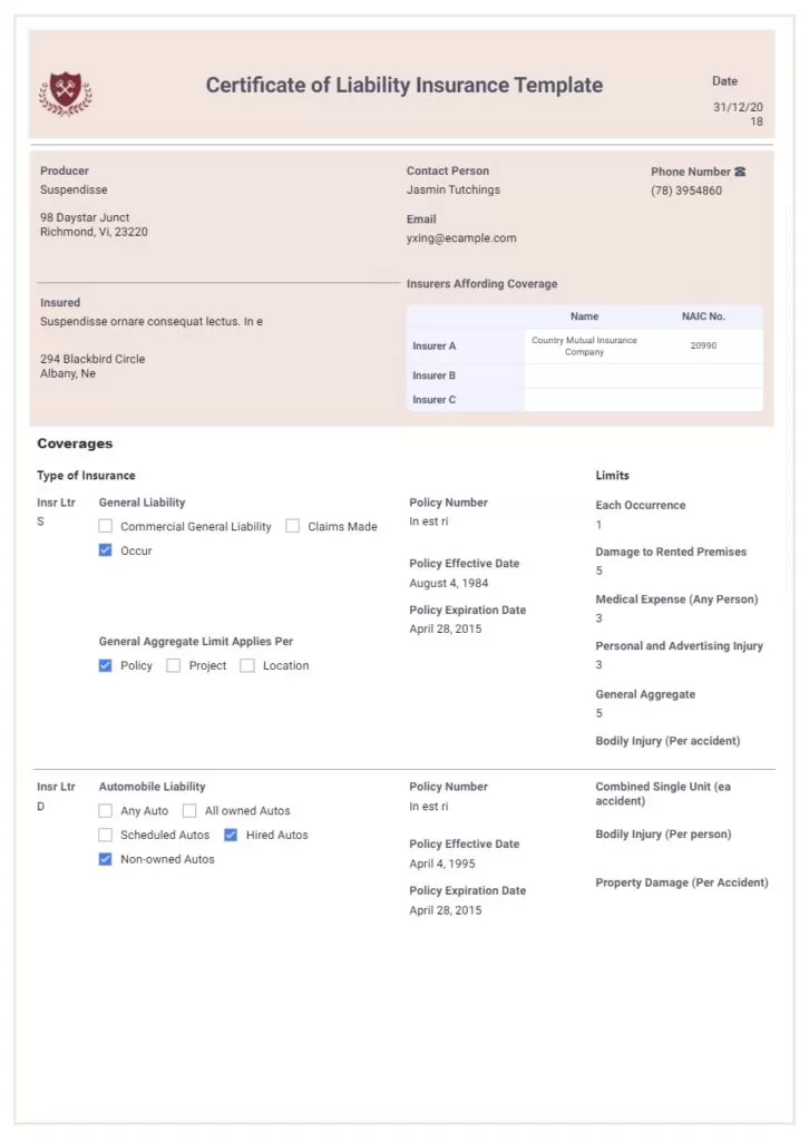 Certificate of Liability Insurance Form