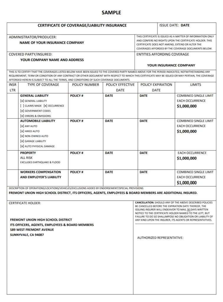 Certificate of Liability Insurance Sample