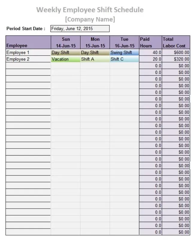 Employee Work Schedule Template