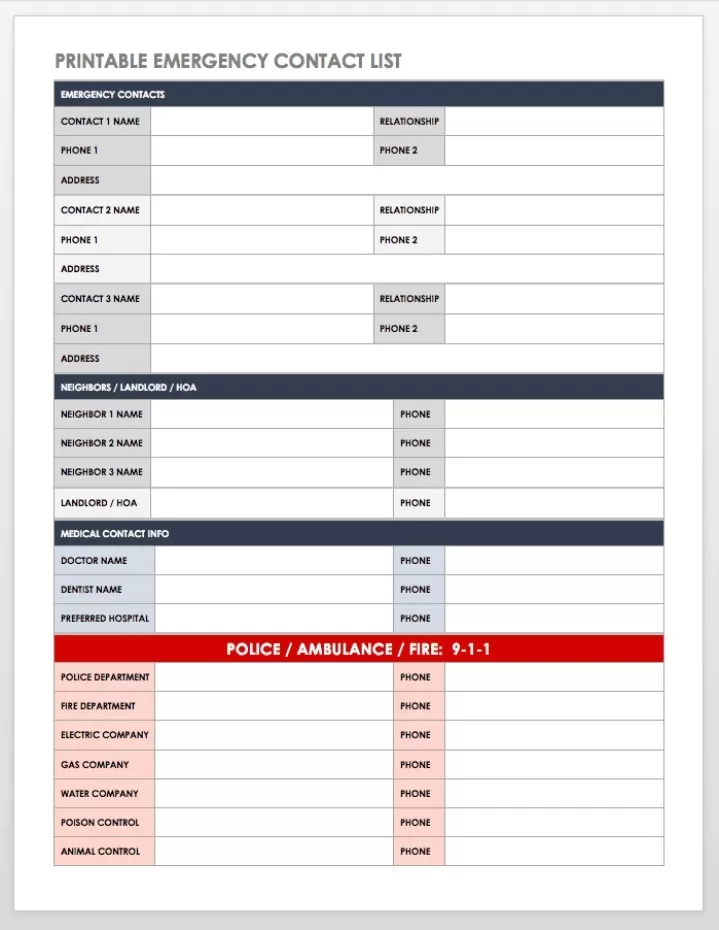 Emergency Contact List Template