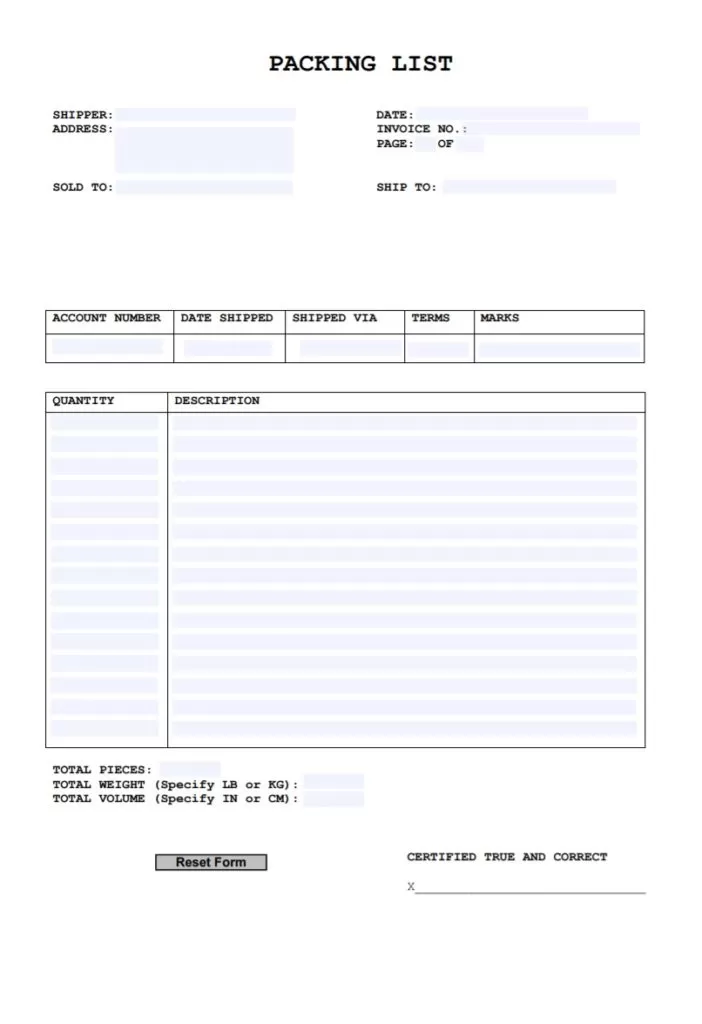 Generic Packing List Template