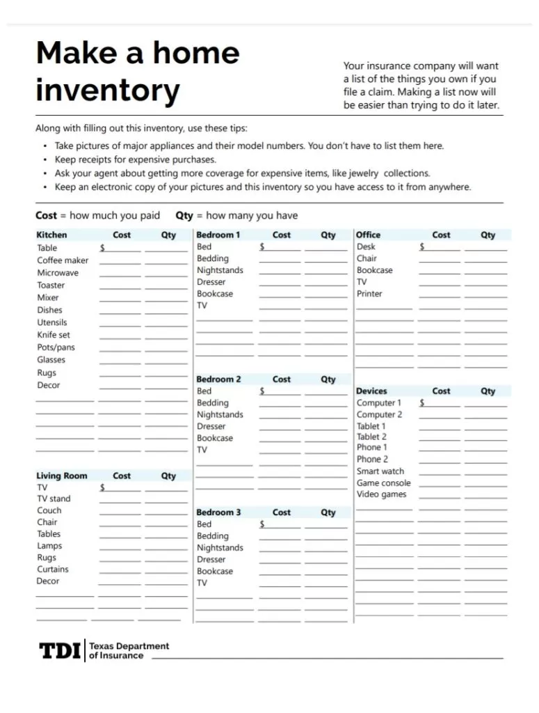 Home Inventory Checklist Template