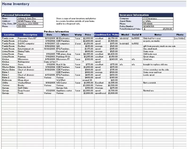 Home Inventory Template Excel