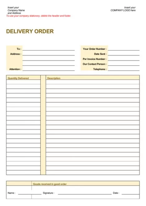 Printable Delivery Order Template