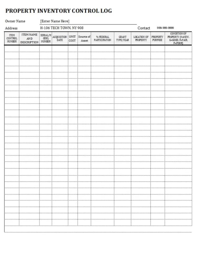 Property Inventory Log Template