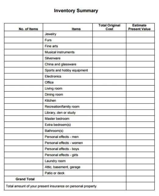 Property Inventory Summary Template