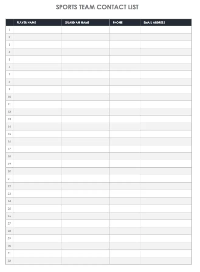 Sports Team Contact List Template