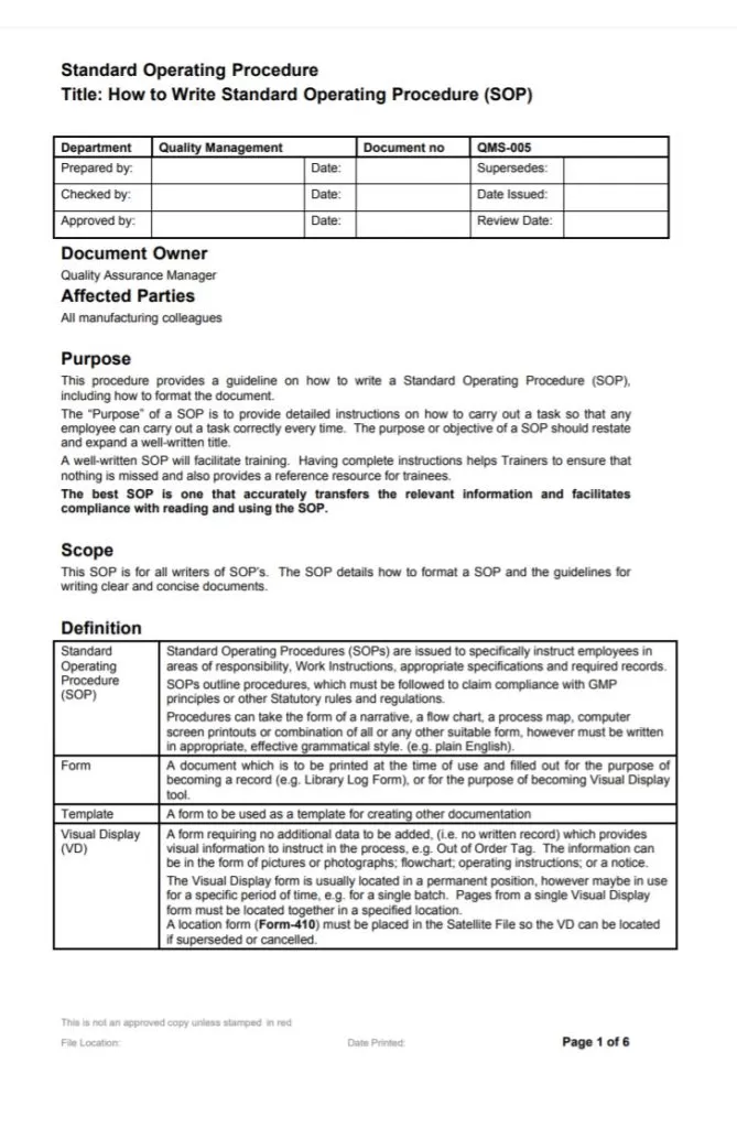 Standard Operating Procedures Format