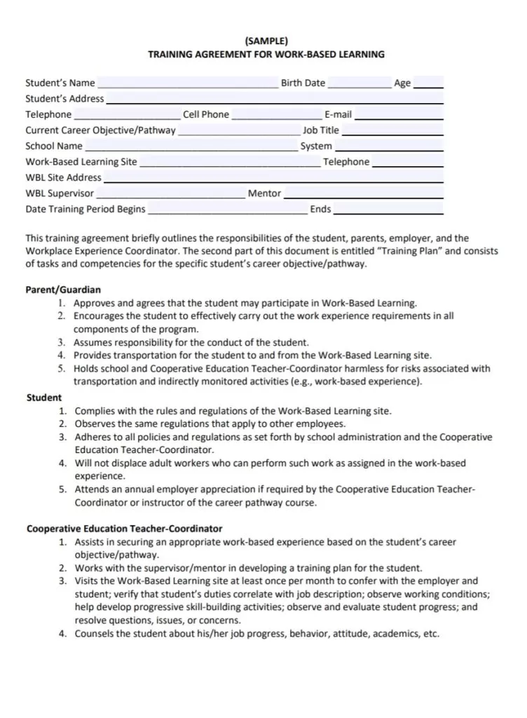 Work Based Training Agreement Template