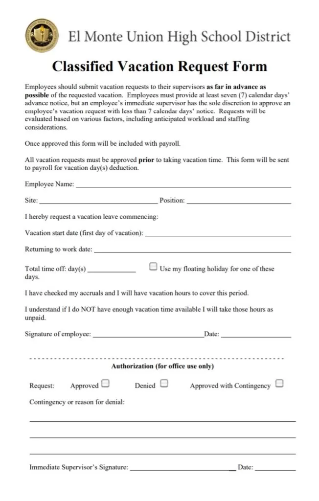 Classified Vacation Request Form