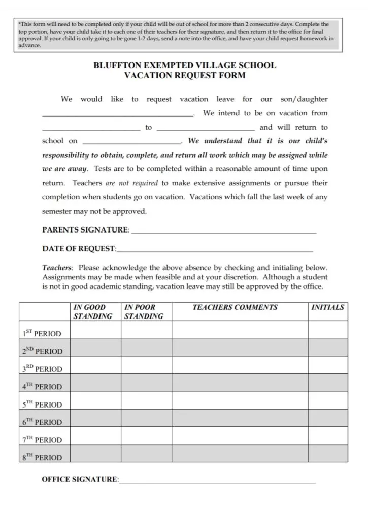 School Vacation Request Form